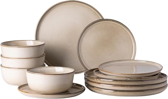 GBHOME GBHOME Ceramic Dinnerware Sets for 4, 12 Pieces Stoneware Plates and Bowls Sets, Chip and Scratch Resistant Dishes, Dishwasher & Microwave Safe, Reactive Glaze-Cappuccino, (GDW067)