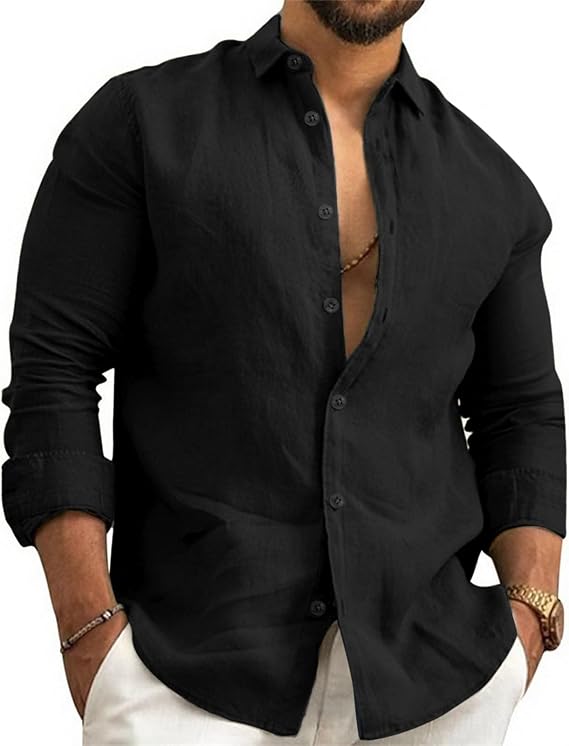 Mens Linen Shirts Long Sleeve Button Down Casual Shirt Beach Summer
