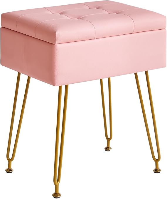 IBUYKE PU Storage Vanity Stool with Flip Tabletop, Ottoman, Pink WBD014P | Multifunctional Adjustable Metal Legs PU Leather Ottoman Footrest Makeup Living Room Entryway