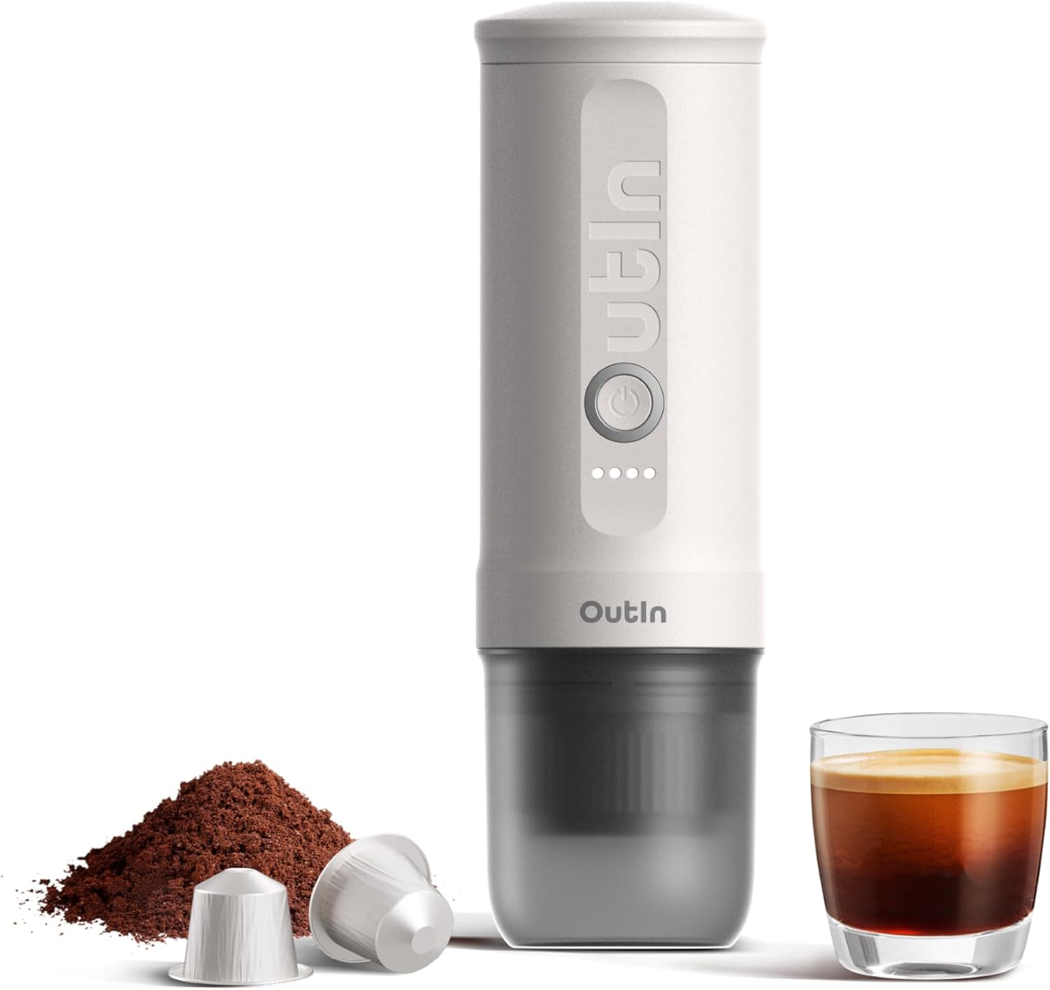 OutIn Nano Portable Electric Espresso Machine, Camping Travel Coffee Maker, Car Coffee Maker with USB-C Self-Heating Freshly Ground Coffee & NS Capsule for RV, Hiking, Office Pearl White