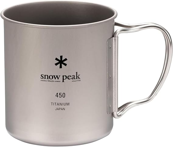 Snow Peak Titanium Single Walled Mug 450, Grey, 450ml ultralightweight Durable Cup for Camping, Backpacking & Outdoors, with collapsable Handles | Vacuum Insulated, Coffee & Tea Ready, Lightweight & Compact, Collapsible Handles