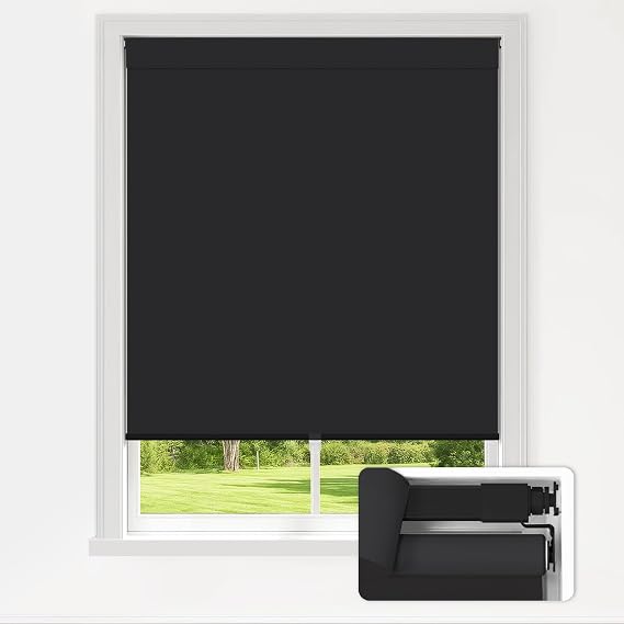 LazBlinds No Drill Blackout Roller Shades, 27.5" W x 72" H, Black | 2-Minute Ultra-Fast Installation, Cordless Design, Thermal Insulated Fabric, UV Protection, For Home & Office Indoor Windows