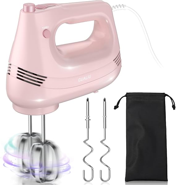 Electric Hand Mixer with Stainless Steel Whisk Dough Hook Electric Hand Stirrer Turbo Boost / 5 Speed Hand Mixer for Baking Cakes Eggs Cream Food Mixer (Pink)