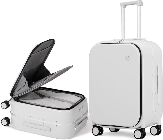 Hanke Carry On Luggage, 20'' Suitcase with Front Laptop Pocket, Travel Rolling Luggage Aluminum Frame PC Hardside with Spinner Wheels & TSA Lock and Cover - Smoke White