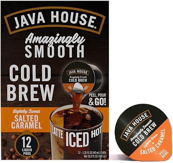 Java House Cold Brew Coffee Concentrate Single Serve Liquid Pods, Peel and Pour, 1 Count (Pack of 12), Salted Caramel Lightly Sweet