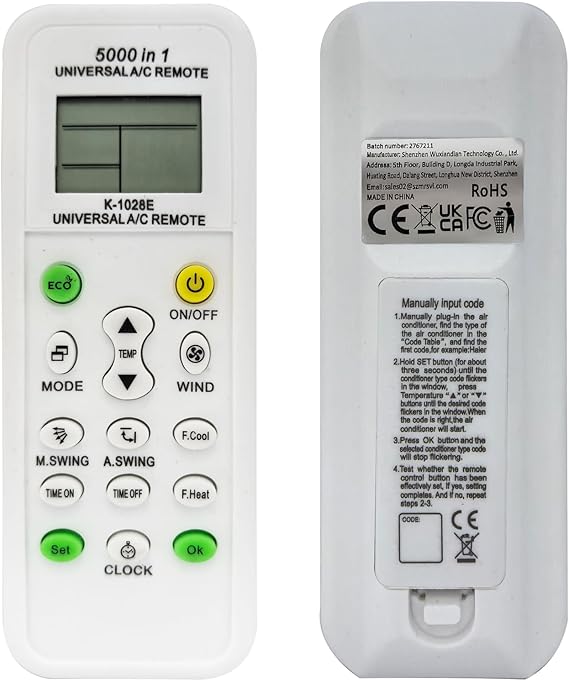 Universal AC Remote Control, 5000-in-1 Multi-Brand Compatible, K-1028E Model, LCD Display