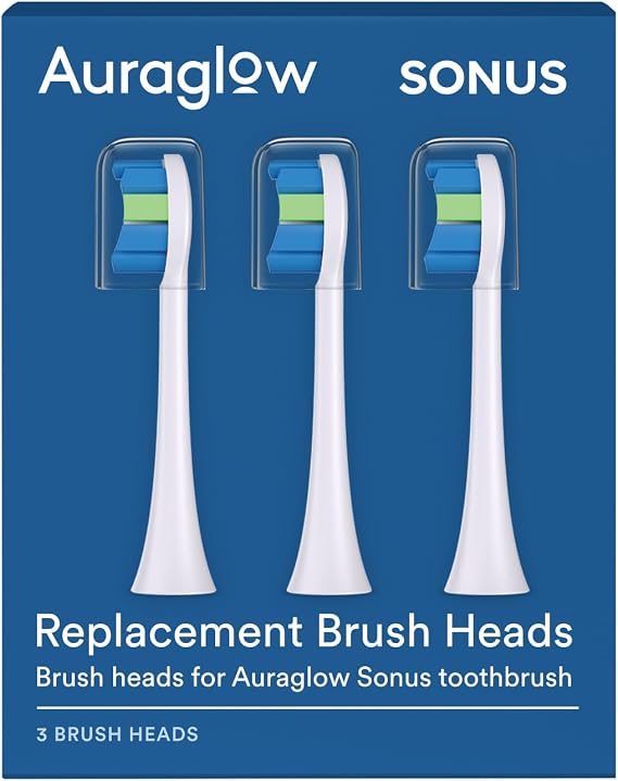 AURAGLOW Sonus Electric Toothbrush Replacement Brush Heads with Cover Cap, 3 Count, White