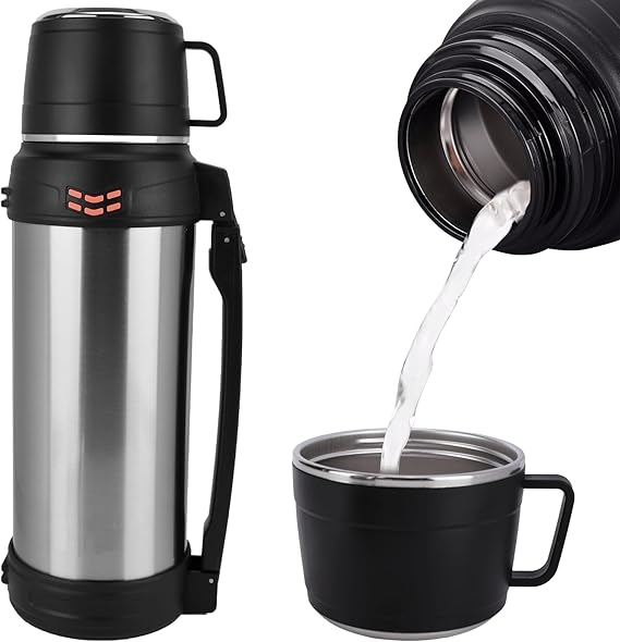 Flask - 2L Large Capacity, Insulated Water Bottle Stainless Steel Vacuum | Flask for Hot Drink, Keeping Hot 12 h Cold 24 h + Coffee Cup Lid with Handle, Suitable for Sports Home Car Office Outdoor
