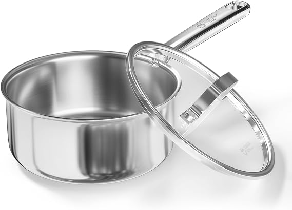 Cooker King 3QT Stainless Steel Saucepan with Tempered Glass Lid, Metal Utensils Safe, No Coating (PFAS/PFOA/PTFE Free), Dishwasher-Friendly, Oven-Safe Up to 900F, Induction Ready