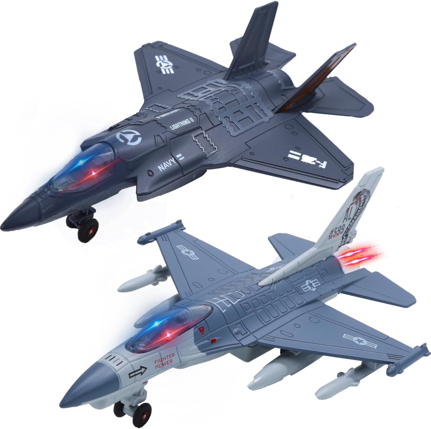 HOLYFUN Double Fighter Jet Toy, F35 & F16 Diecast Planes with Lights & Sounds, Pull Back Military Airplane Toy, Great Christ Gift for Toddler,Kids, Boys