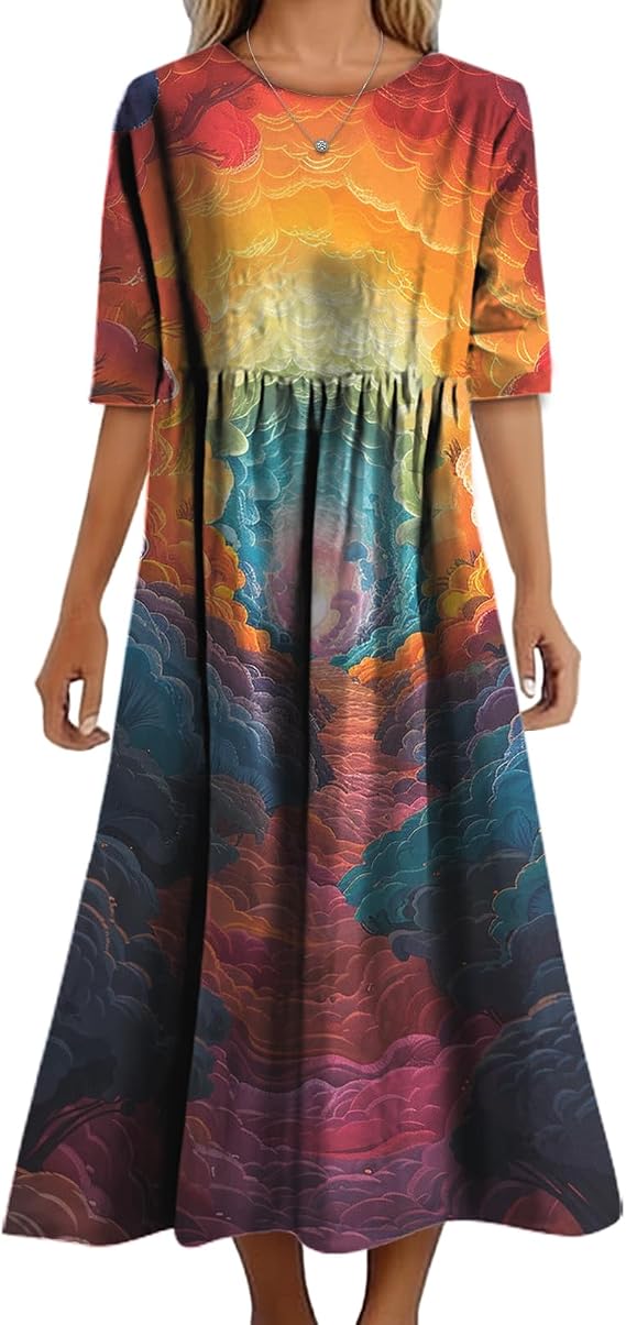 MARSVOVO Trendy Dresses for Women 2025 Classic Fairy Flowy Sundress Relaxed Fit Dress with Side Pockets