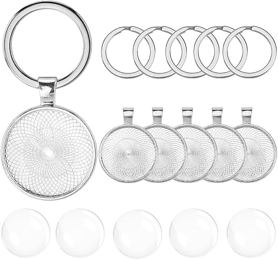 1 Box 20 Set Keychain Making Kit Cabochon Charm Bezel Blanks Silver Metal Alloy Glass Round Basic Iron Split Key Rings Trays Set Charm for Jewelry Making Charms Necklace DIY Craft Supplies