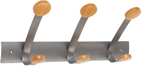 ALBA Double Wooden Wall Coat Hook, Silver 