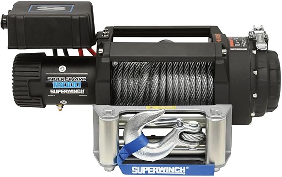 Superwinch 1518000 Tiger Shark 18000 12V DC Winch 18,000lb/8165kg Single Line Pull with Roller Fairlead, 29/64" x 80' Steel Wire Rope, Corded Handheld Remote