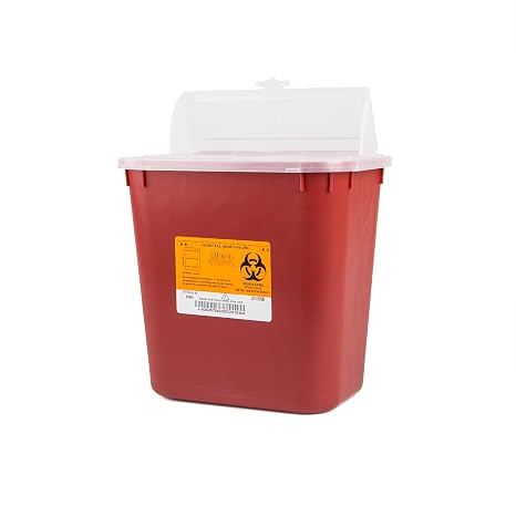 Medegen Medical Products 8704 Stackable Sharps Containers with Print, Polypropylene, Large, 10" x 7" x 91/2" Size, 2 gal Capacity, Red/Black (Pack of 24)
