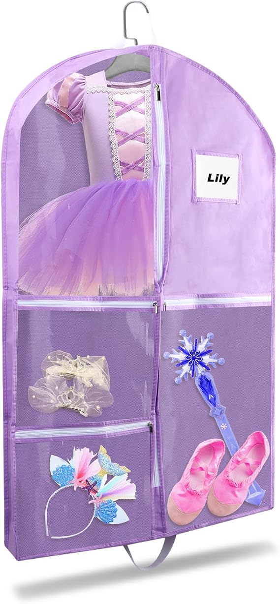 Dance Garment Bags, 40" Hanging Garment Bag with 4 Pockets For Travel Kids Garment Bags For Hanging Clothes for Dance Costumes,Sports,Theatre,Beauty Pageants(Purple)