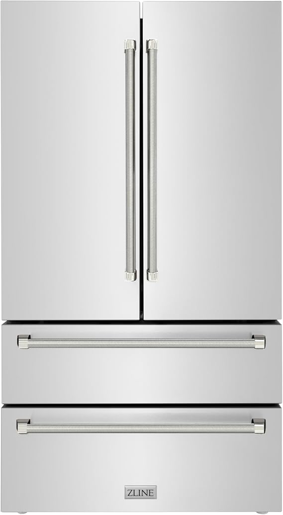 ZLINE Autograph Edition 36 in. 22.5 cu. ft. Counter-Depth French Door Refrigerator with Ice Maker in Fingerprint-Resistant Stainless Steel and Polished Nickel Helix Handles (RFMZ-36-KPN)