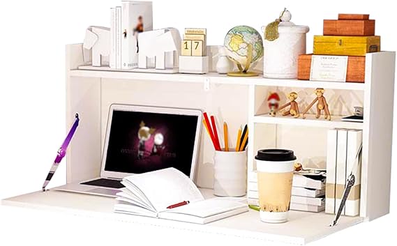 HORV Portable Laptop Desk for Bed, Floating Desk, Bunk Bed Table, Folding Dinner Table, Wall Mount Desk, Drop-Leaf Workstation Convertible Storage Rack Bed Table for Eating and Writing