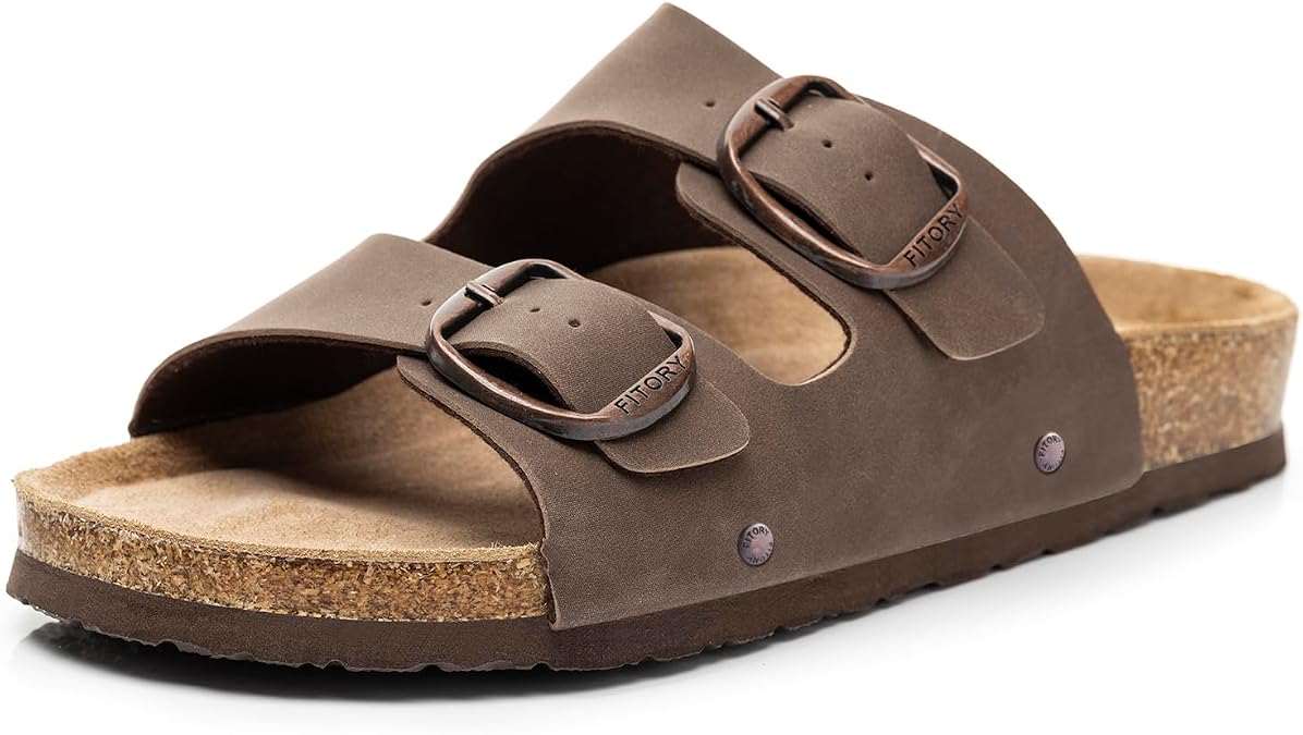 FITORY Womens Flat Sandals with Cork Footbed,Open Toe Arch Support Slides | Adjustable Buckles Straps,Casual,Comfortable,Slip-on Slippers,Indoor and Outdoor,Beach,Summer,Vacation