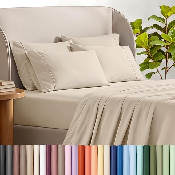 Bare Home Sheet Set 1800 Ultra-Soft with 4 Pillowcases (Split King, Sand) | 7 Piece Set, Deep Pockets 6 to 15 Inches, 1800 Ultra-Soft, Double Brushed, Hotel Luxury