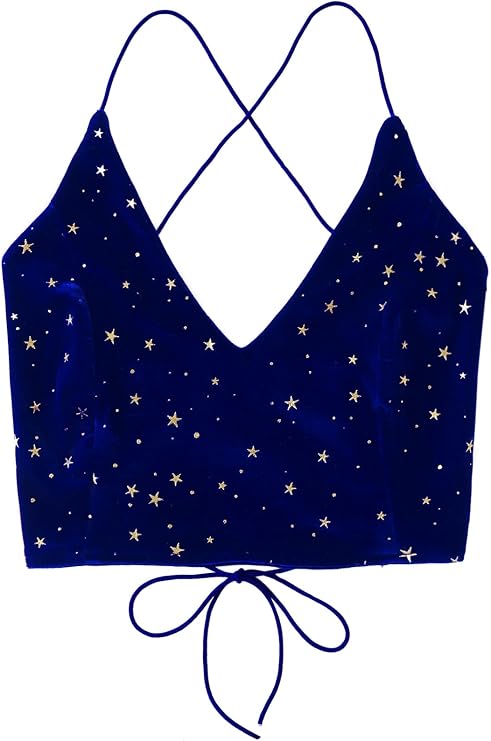 Verdusa Women's Velvet Galaxy Print Crisscross Back Spaghetti Strap Crop Cami Top