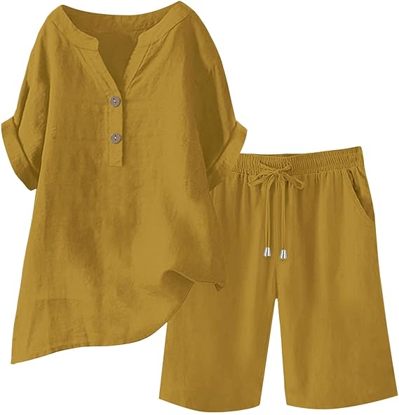 Linen Sets for Women 2 Piece Short Sleeve Shirts & Wide Leg Shorts Loose Fit Casual Cotton Linen Coord Sets Outfits