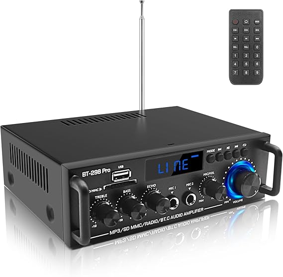 BT-298Pro 400W Amp, 2.0 Bluetooth Home Stereo Receiver w/Mic Echo & Bass
