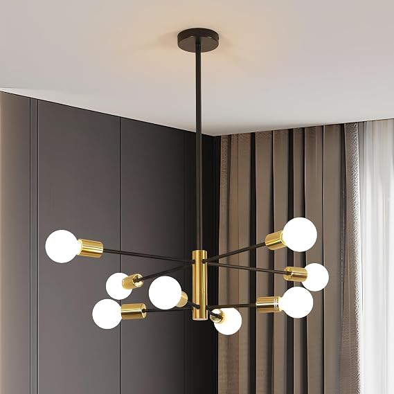 DELIPOP Sputnik Light Fixture, 8 Light Black & Gold Modern Sputnik Chandelier Ceiling Light, E26 Industrial Metal Semi Flush Mount Ceiling Light for Bedroom, Dining Room, Living Room, Kitchen