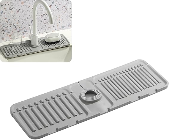 Swicado Faucet Mat for Kitchen Sink - 2024 Upgraded Premium Silicone Splash Guard with Fast Drying Properties - Protective Sink Tray Ideal for Stone Sinks in Kitchen & Bathroom (1, Gray)