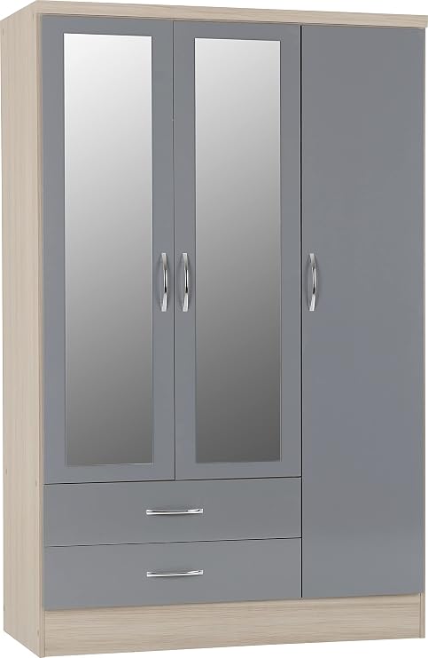 Seconique Nevada 3 Door 2 Drawer Wardrobe,Grey Gloss/Light Oak