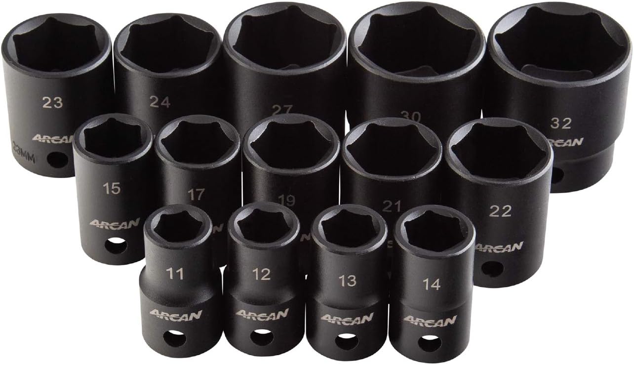 ARCAN TOOLS 12 Drive Shallow Impact Socket Set, Metric, 11mm - 32mm, 14 Pieces AS21214M