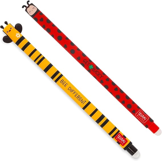 LEGAMI - 2'li Paket Uğur Böceği ve Arı Jel Silgi Kalem, Uçta Tükenmez Mürekkep, Siyah ve Kırmızı, Sıcaklığa Hassas, Uç Çapı 0,7 mm (Yaz Titreşimleri)