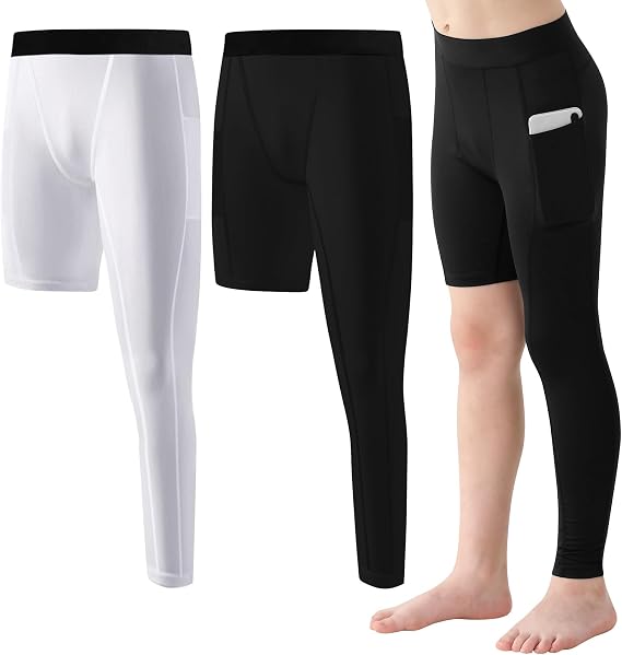 2 Pack Boys One Leg Compression Tights for Basketball, Size 6-14Y