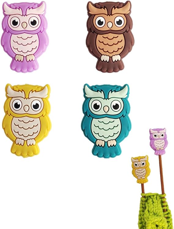 Toeloioh 4PCS Knitting Needle Stoppers,Monkey Penguin Fish Owl Needle Point Protectors, Cartoon Animal Knitting End Caps, Knitting Accessories (Owl-Yellow)