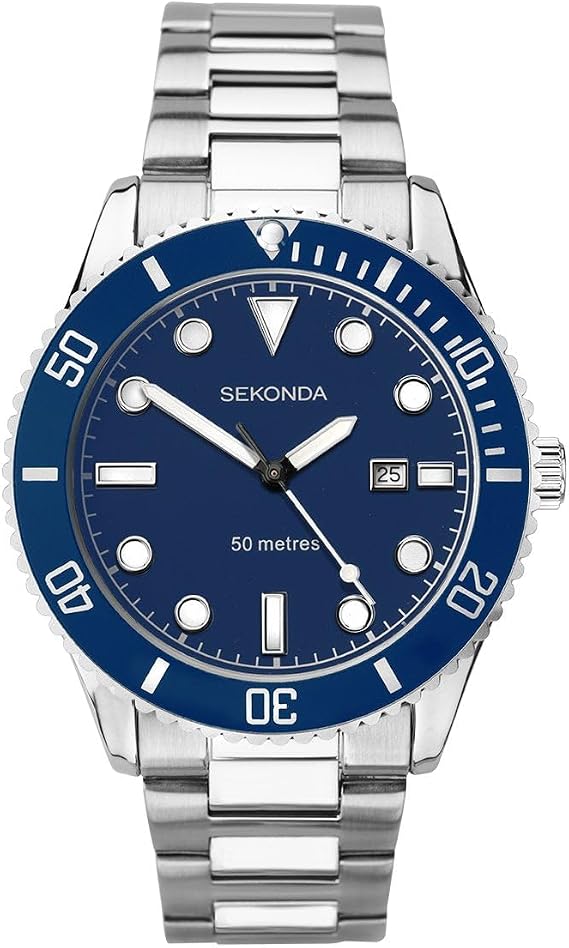 Sekonda Oceans Mens 43mm Quartz Watch in Blue with Analogue Date Display, and Silver Stainless Steel Bracelet 1789