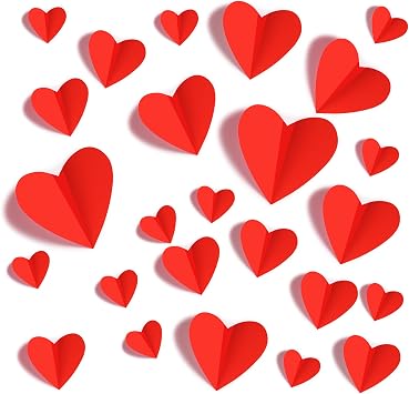 60 Pcs Valentines-Day-Wall-Decorations, 3D Heart Valentine Wall Stickers, Waterproof Wall Decals, for Wedding Anniversary Party Bedroom Home Office School Decor, 4 Different Sizes Red