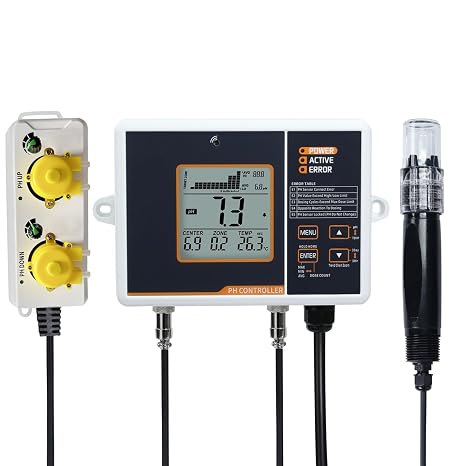 pH Controller pH Monitor with Dual Relay Sockets & Dosing Pump, Digital pH Meter with Control pH Up and Down, pH & Temp Chart Trend Display, Auto Temperature Compensation for Hydroponics, Aquarium