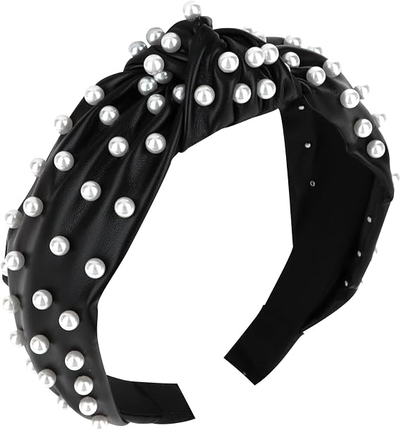 YISSION 1PC Pearl Knotted Headband for Women Non Slip Beaded Headband Wide Leather Headbands for women Jeweled Embellished Hairband Black Head Band Hair Accessories for Women Girls