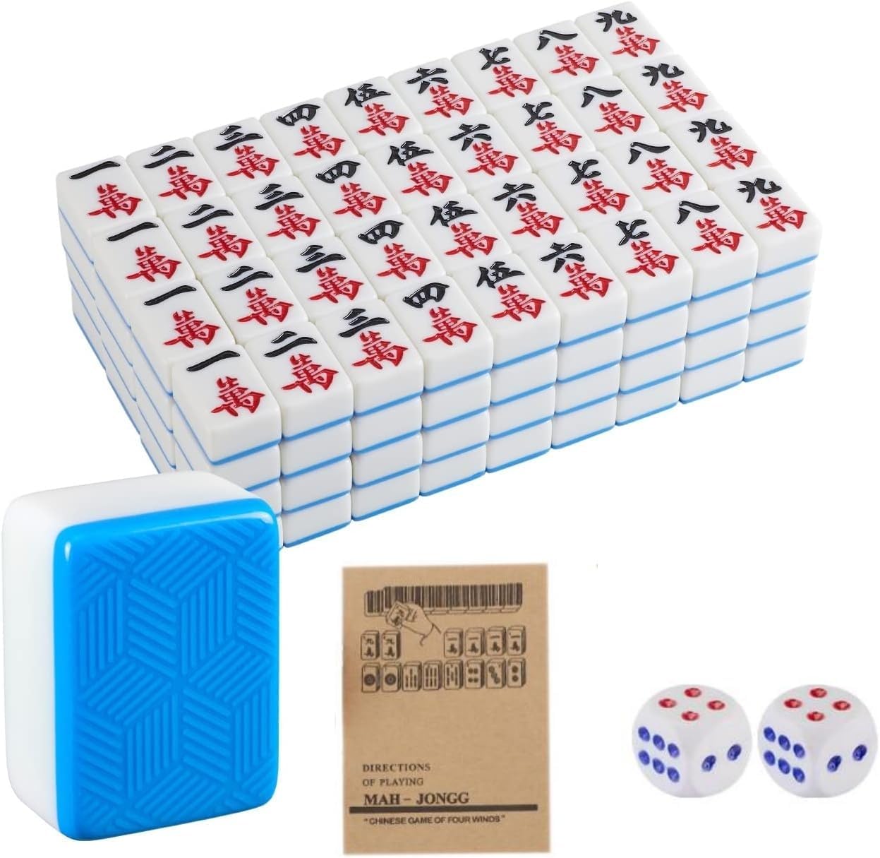Chinese Mahjong Set, Classic, 146 Blue Color Tiles, Wind Indicator, Dice, Large 1.6 40mm Mahjong Tiles, Melamine English Instructions, Complete Mahjong Tile Set with Carry Bag