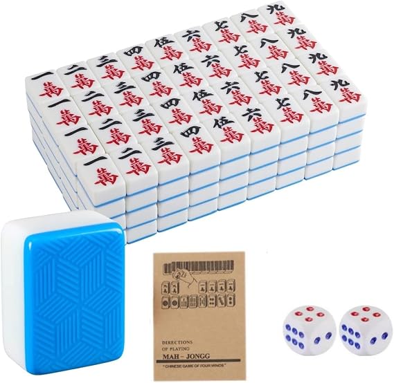 Chinese Mahjong Set, Classic with 146+ Blue Colored Tiles, Dice Large 1.6 inch 40mm Mahjong Tiles Melamine English Instraction, Complete Mahjong Tiles Set with Carrying Bag