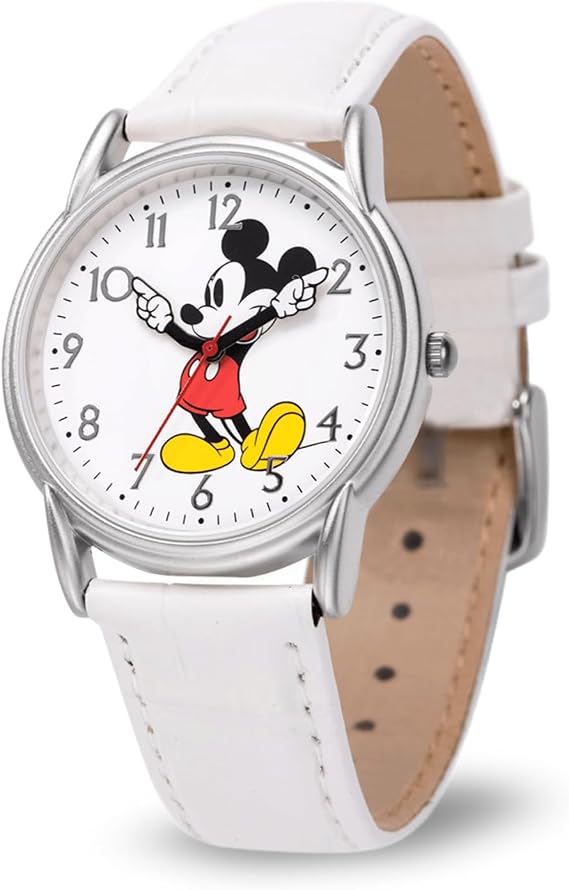 Disney Mickey Mouse Adult Classic Cardiff Articulating Hands Analog Quartz Leather Strap Watch, White, Mickey Cardiff Watch 2 - Silver Case/White Leather Strap, white, Mickey Cardiff Watch 2 - Silver