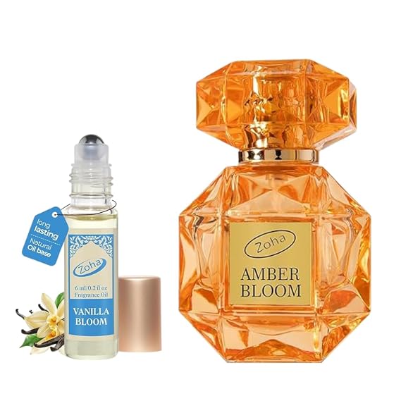 Zoha Perfumes Vanilla Bloom Perfume Oil Roll On & Amber Bloom Fragrance Oil Spray Bundle, Alcohol-Free, Warm and Cozy Scents for Women & Men