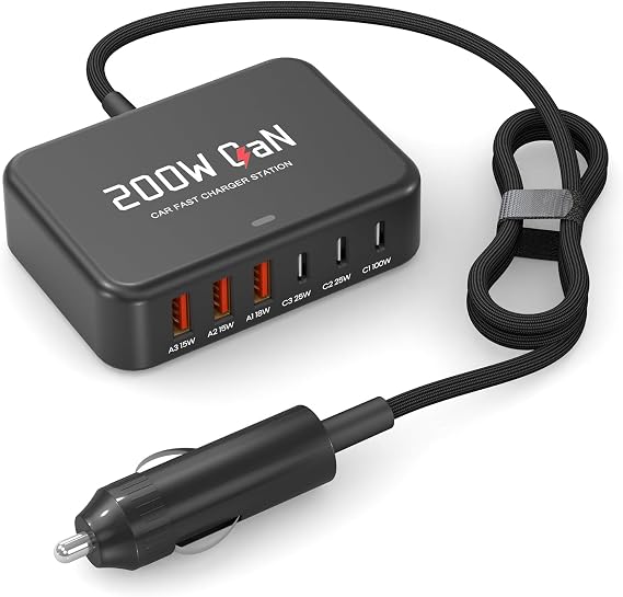Multi Ports USB Laptop Car Charger, Fast Charge 200w PD3.0 Adapter Compatible with MacBook pro/Lenovo Thinkpad/Dell inspiron/Surface Pro/HP, Cell Phones Tablets and Other USB Devices