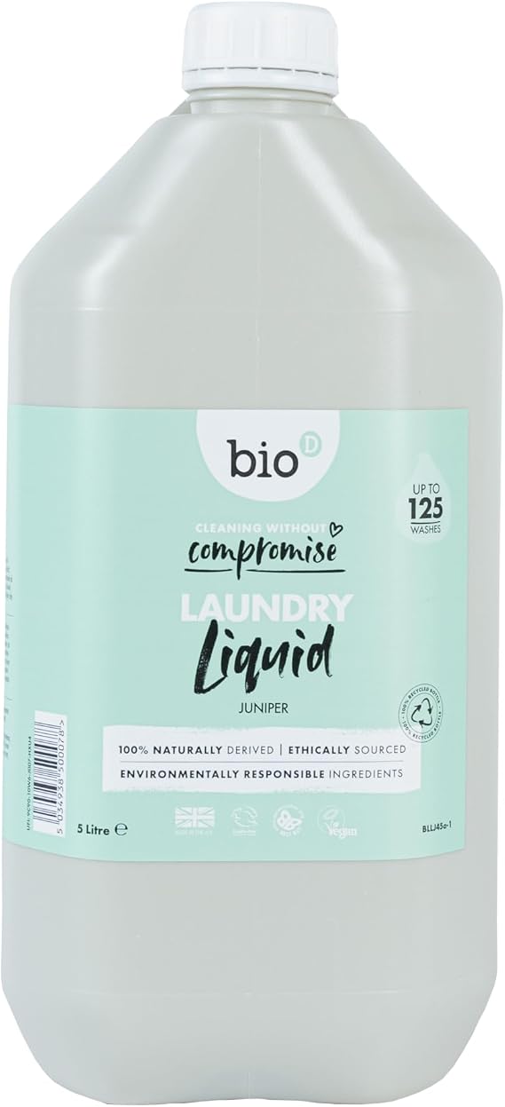 Bio-D Juniper Laundry Liquid | 5 Litre | Up to 125 Washes | Concentrated Non-Bio Washing Detergent | 100% Naturally Derived | For Macahines & Delicate Hand Washing | Vegan | Made in the UK