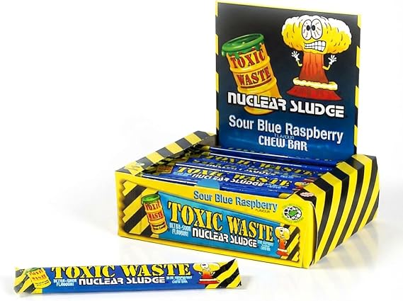 Toxic Waste Blue Raspberry Sour Chew Bar 50 x 20g | Individually Wrapped Bulk Box | Intense Tangy Raspberry Flavour | Ideal for Party Bags and Sharing