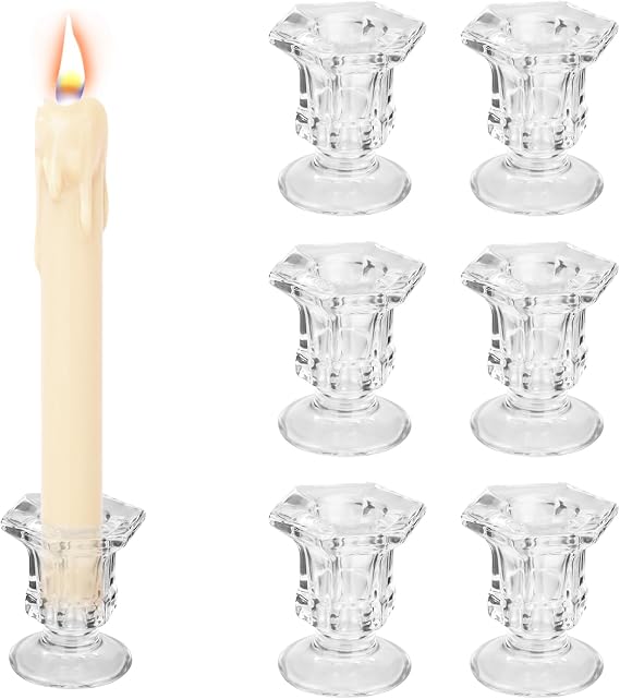 XTDMJ Glass Candle Holder for Candlestick, 6Pcs Clear Candle Holders Thicker Glass Candle Sticks Set, Taper Hexagonal Candlestick Holders for Wedding, Festival, Party & Table Decoration