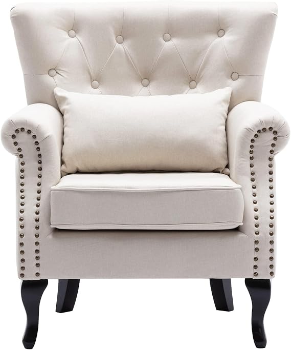 chairus Mid-Century Modern Accent Chair, Comfy Tufted Single Sofa Chair Wingback Armchair with Pillow for Club, Living Room, Bedroom - Linen, Beige