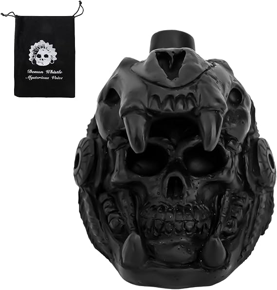 Aztec Death Whistle, Skull Quetzalcoatl Design 125+ Decibels Loudest Authentic Human Sounding Screams War Whistles Real Screaming with Drawstring Bag Gifts Collectible (Black)