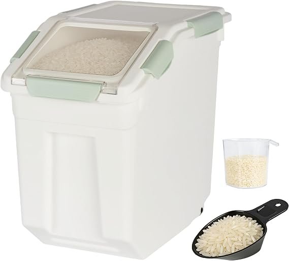 1Pcs 10kg Airtight Rice Storage Container with Lids for Kitchen (Cyan) | food-grade PP, BPA-free dry food dispenser with wheels, measuring cup, scoop for rice, grains, flour, pet food