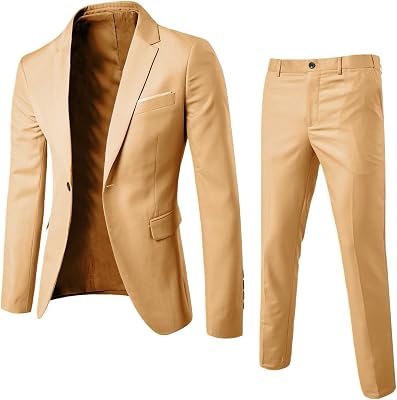 Men Suits 2 Piece Set Slim Fit One Button Slim Fit Solid Jacket & Pants Suit Tuxedo Casual Business Wedding Party
